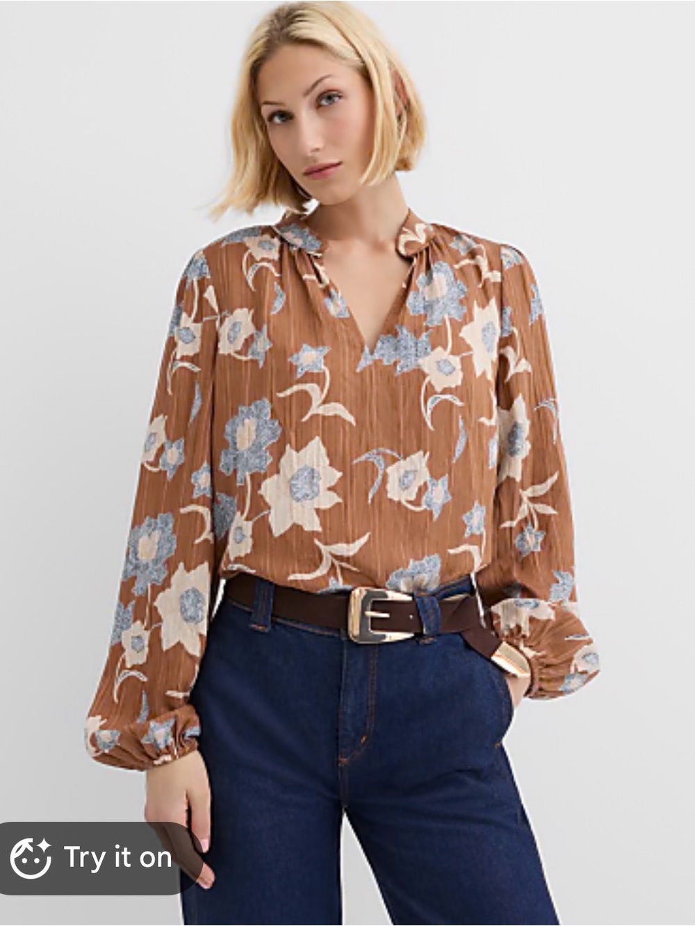 LOFT Brown Floral V-Neck Long-Sleeve Blouse